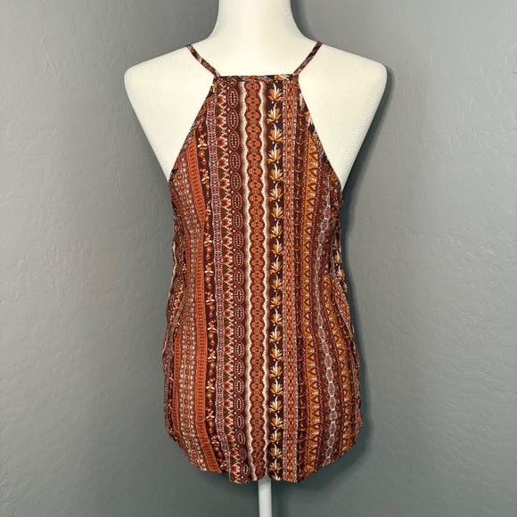 SHEIN V NeckTank Top Blouse Brown Orange Print Size M - Picture 2 of 5